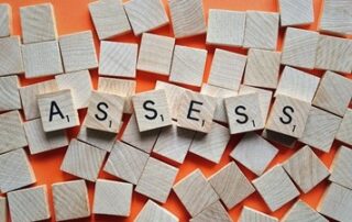 Wooden bricks spelling out "assess" on an orange tabletop