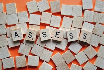 Wooden bricks spelling out "assess" on an orange tabletop