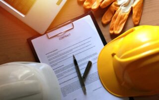 Building hats and gloves resting on a table next to a building work contract