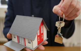 A businessman holds a small model of a house in his right hand and house keys in his left hand