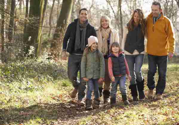 A happy family go on a walk through the forest on a sunny day